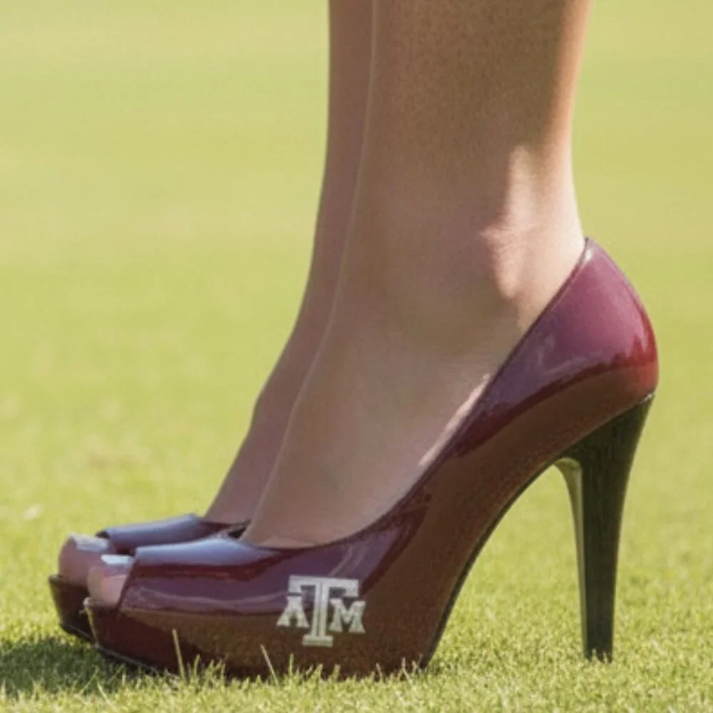 FANFEET heels collegiate Texas A&M Gig'Em maroon peep toe logo - 7.5